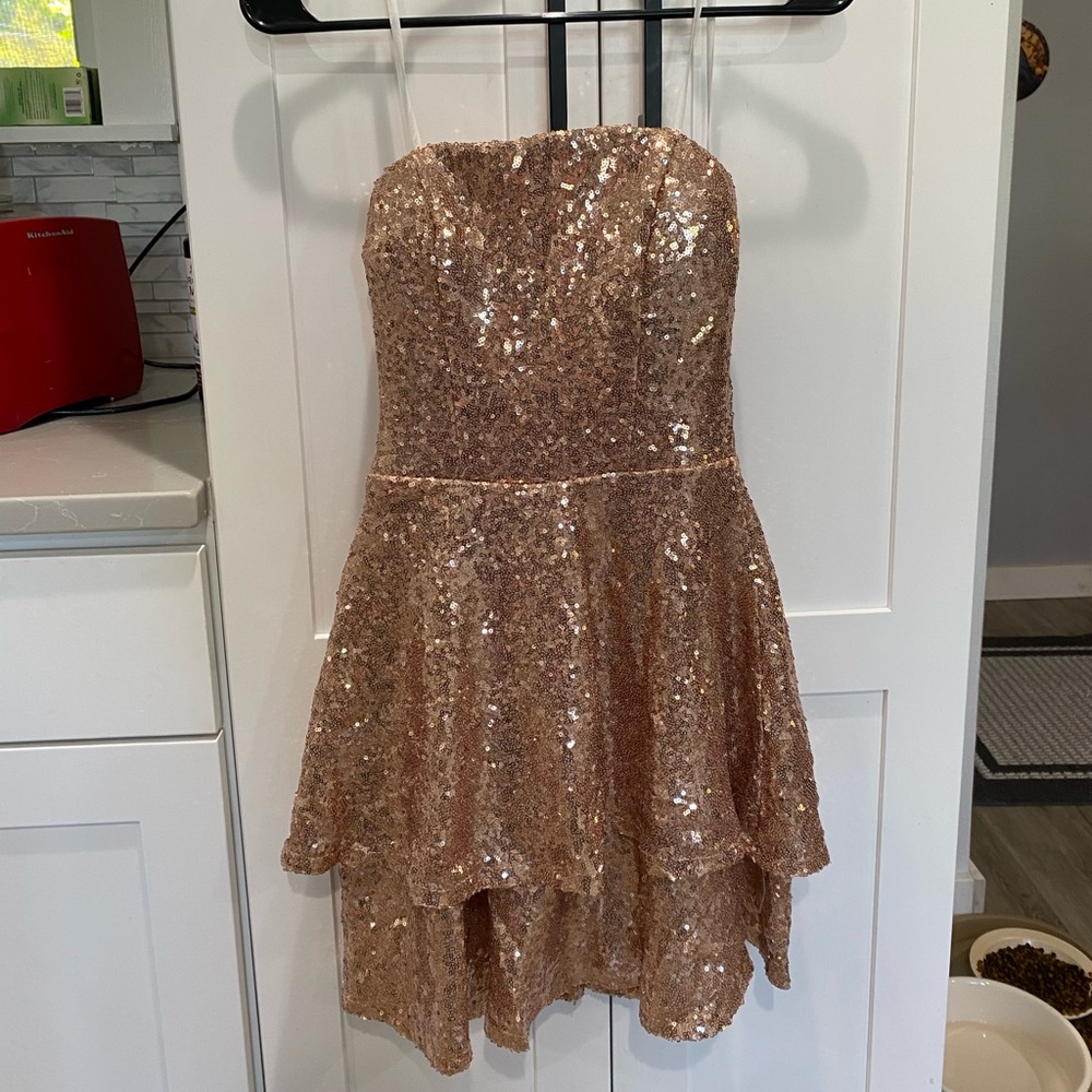strapless dress rose gold sequins